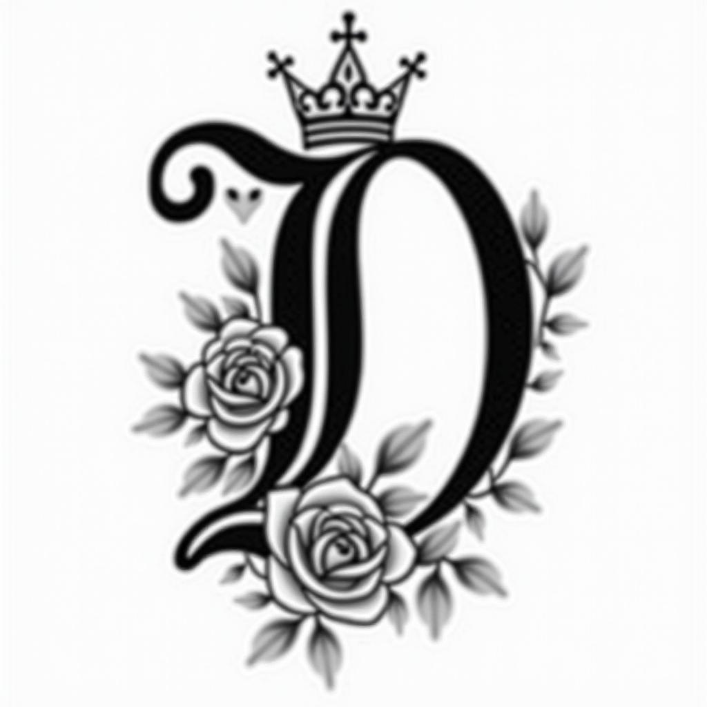 Initial D with a tiger lily and rose wrapped at th bottom of the D and king crown on topin elegant cursive calligraphy style 2d tattoo, decorate with roses, featuring a smooth and flowing handwritten script with slightly thickened strokes for a luxurious and bold appearance, heart symbol between names, sleek and glossy black text with shadowing, minimalist matte white background, clean and sharp edges, illuminated with soft lighting, romantic, 8k, high-quality textures with refined typography