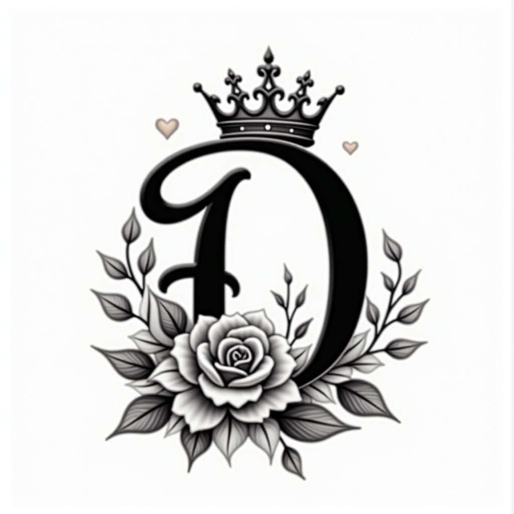 Initial D with a tiger lily and rose wrapped at th bottom of the D and king crown on topin elegant cursive calligraphy style 2d tattoo, decorate with roses, featuring a smooth and flowing handwritten script with slightly thickened strokes for a luxurious and bold appearance, heart symbol between names, sleek and glossy black text with shadowing, minimalist matte white background, clean and sharp edges, illuminated with soft lighting, romantic, 8k, high-quality textures with refined typography - Variation 2