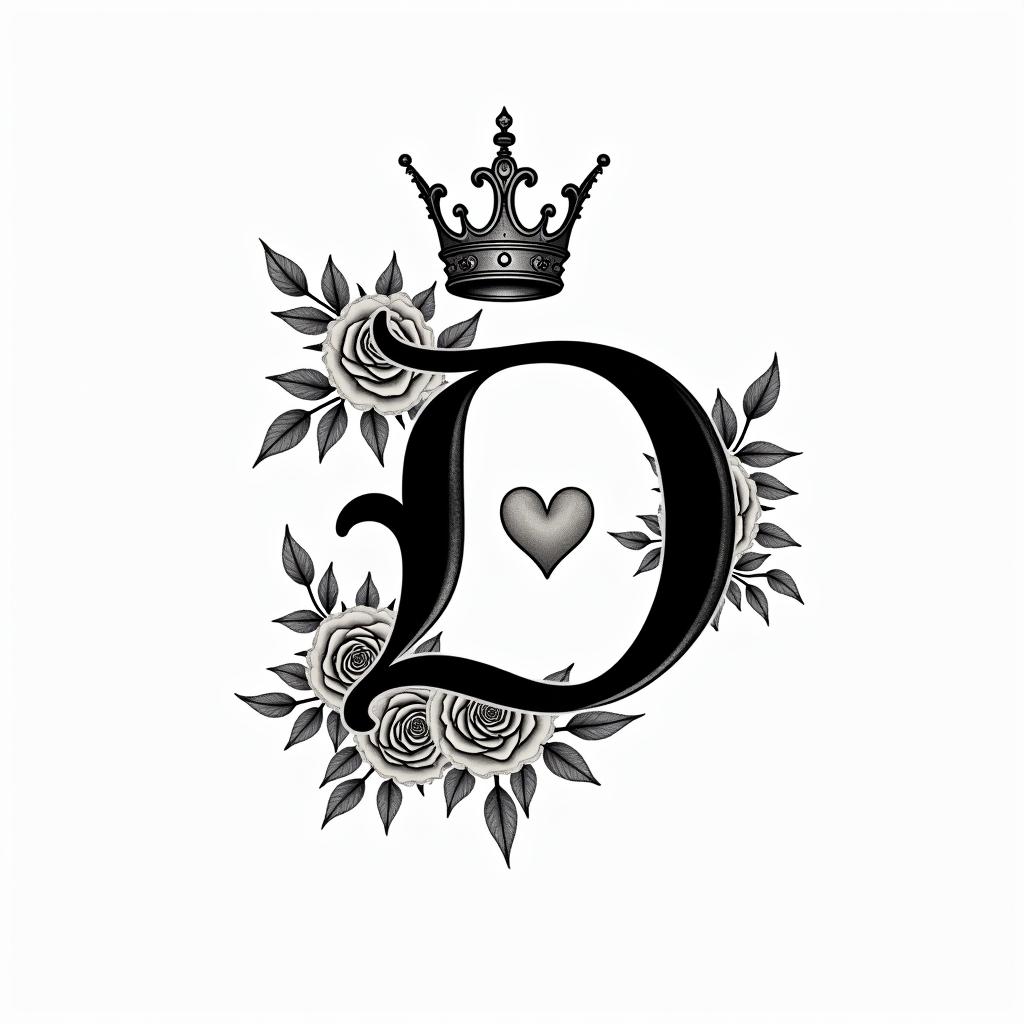 Initial D with a tiger lily and rose wrapped at th bottom of the D and king crown on topin elegant cursive calligraphy style 2d tattoo, decorate with roses, featuring a smooth and flowing handwritten script with slightly thickened strokes for a luxurious and bold appearance, heart symbol between names, sleek and glossy black text with shadowing, minimalist matte white background, clean and sharp edges, illuminated with soft lighting, romantic, 8k, high-quality textures with refined typography - Variation 3