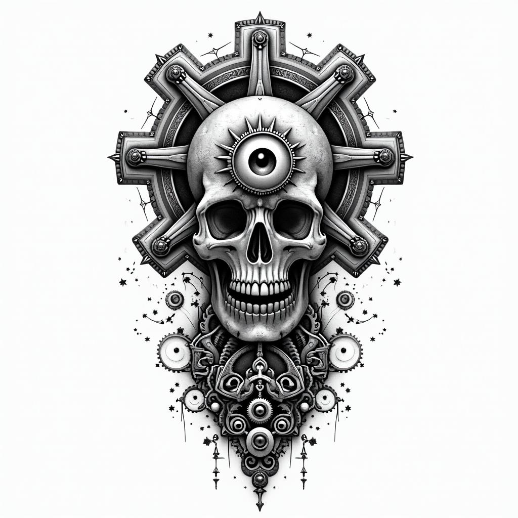 Mechanical gears fused with human anatomyin prophecy tattoo style, featuring mystical symbols, celestial imagery like stars, moons, suns, geometric patterns, foretelling elements, an eye of wisdom