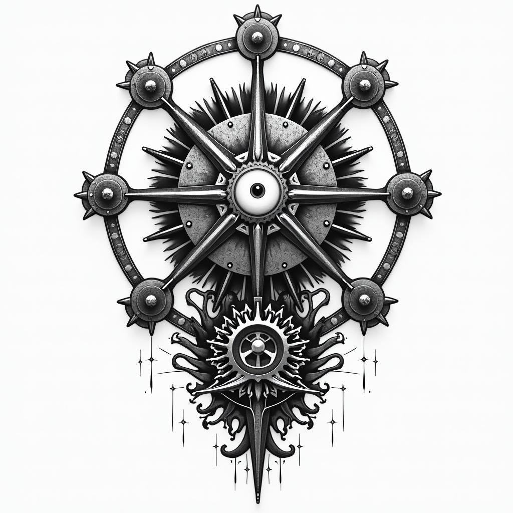 Mechanical gears fused with human anatomyin prophecy tattoo style, featuring mystical symbols, celestial imagery like stars, moons, suns, geometric patterns, foretelling elements, an eye of wisdom - Variation 3