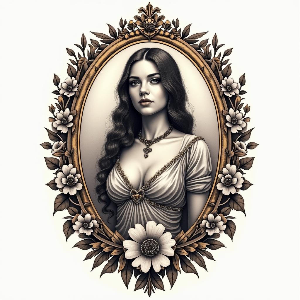 Apex pathfinderin victorian style tattoo, featuring vintage and elegant elements, ornate frames, roses, antique, sepia-toned color scheme - Variation 7