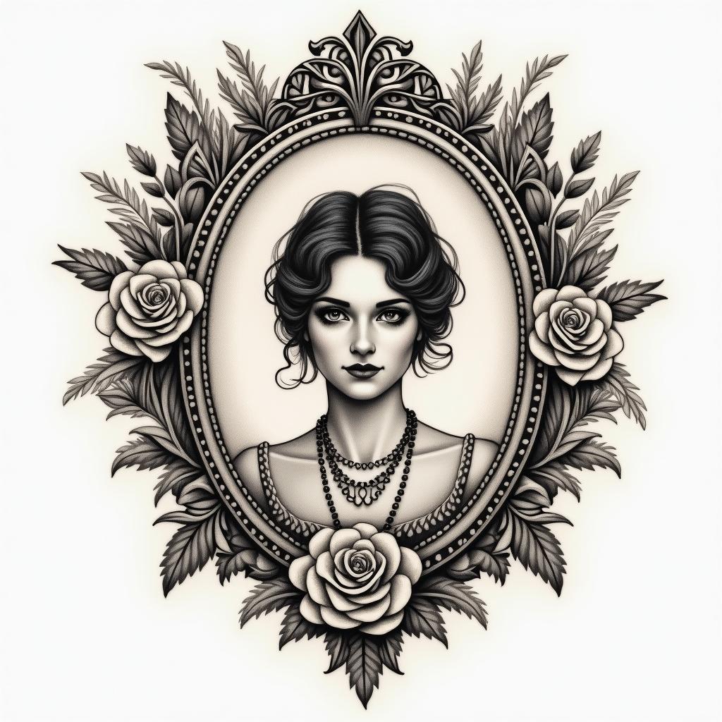 Dreams and nightmares, but there’s a place in betweenin victorian style tattoo, featuring vintage and elegant elements, ornate frames, roses, antique, sepia-toned color scheme - Variation 3
