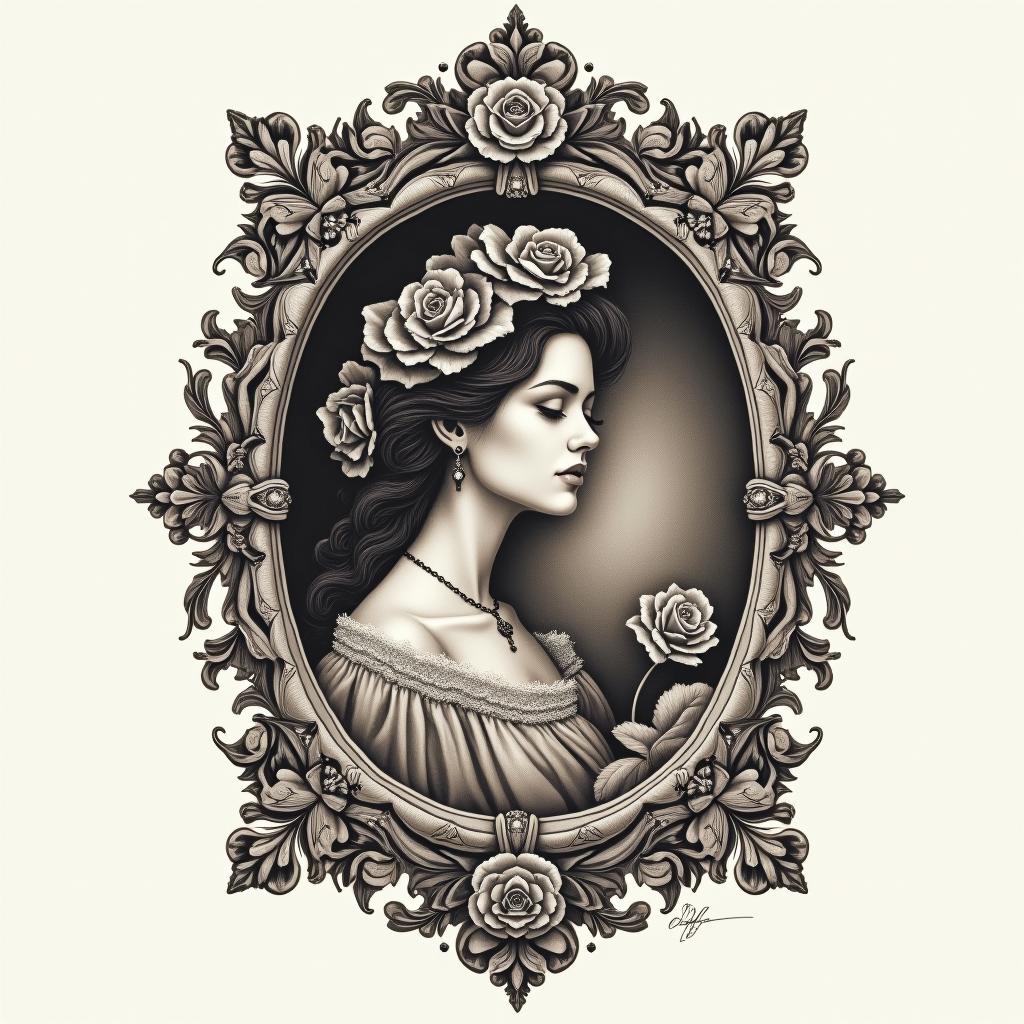 Dreams and nightmares, but there’s a place in betweenin victorian style tattoo, featuring vintage and elegant elements, ornate frames, roses, antique, sepia-toned color scheme - Variation 4