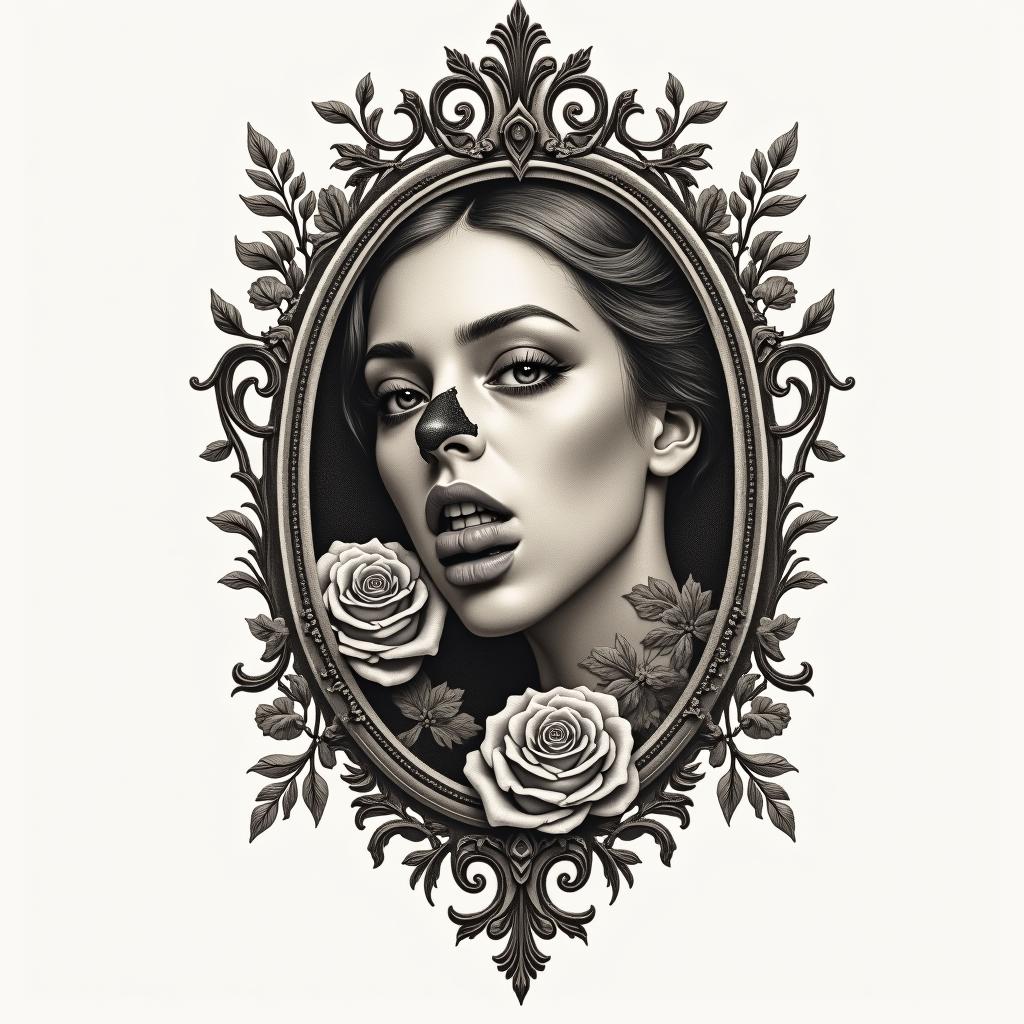 Dreams and nightmares, but there’s a place in betweenin victorian style tattoo, featuring vintage and elegant elements, ornate frames, roses, antique, sepia-toned color scheme