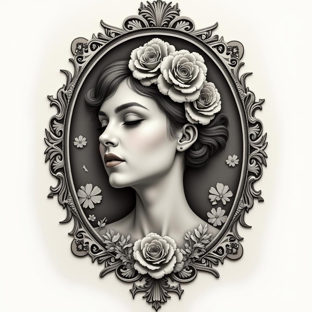 Dreams and nightmares, but there’s a place in betweenin victorian style tattoo, featuring vintage and elegant elements, ornate frames, roses, antique, sepia-toned color scheme - Variation 2