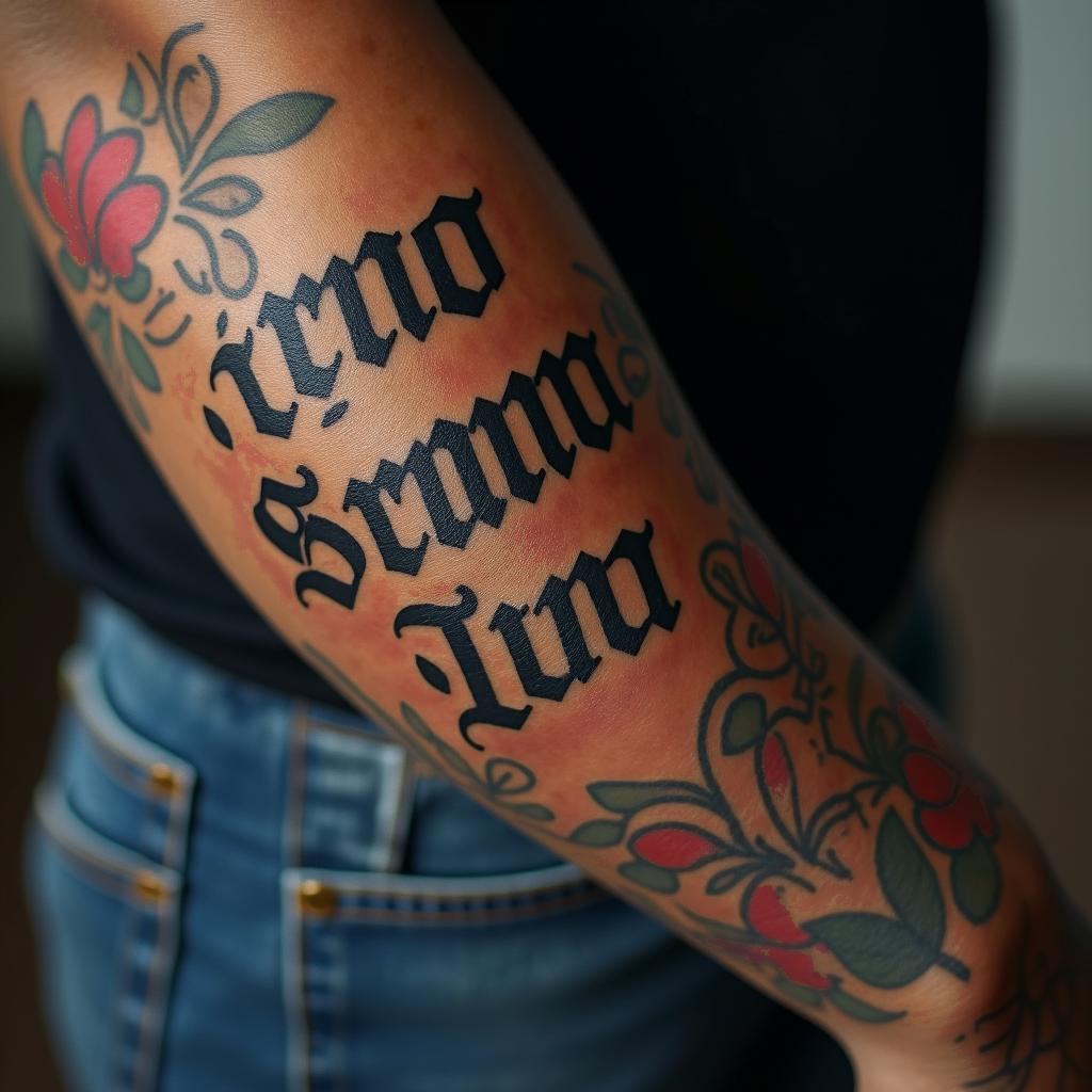 56 year old African American male raised in Compton , one son, army veterantext-based tattoo, gothic font ultra-realistic, perfectly placed, high-quality font design, photo-realistic shading, 8k, high quality, finely detailed typography - Variation 2