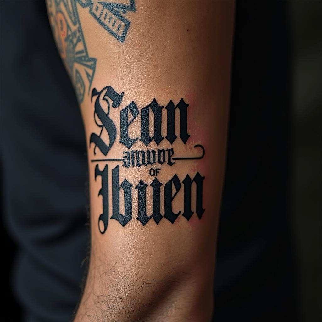 56 year old African American male raised in Compton , one son, army veterantext-based tattoo, gothic font ultra-realistic, perfectly placed, high-quality font design, photo-realistic shading, 8k, high quality, finely detailed typography