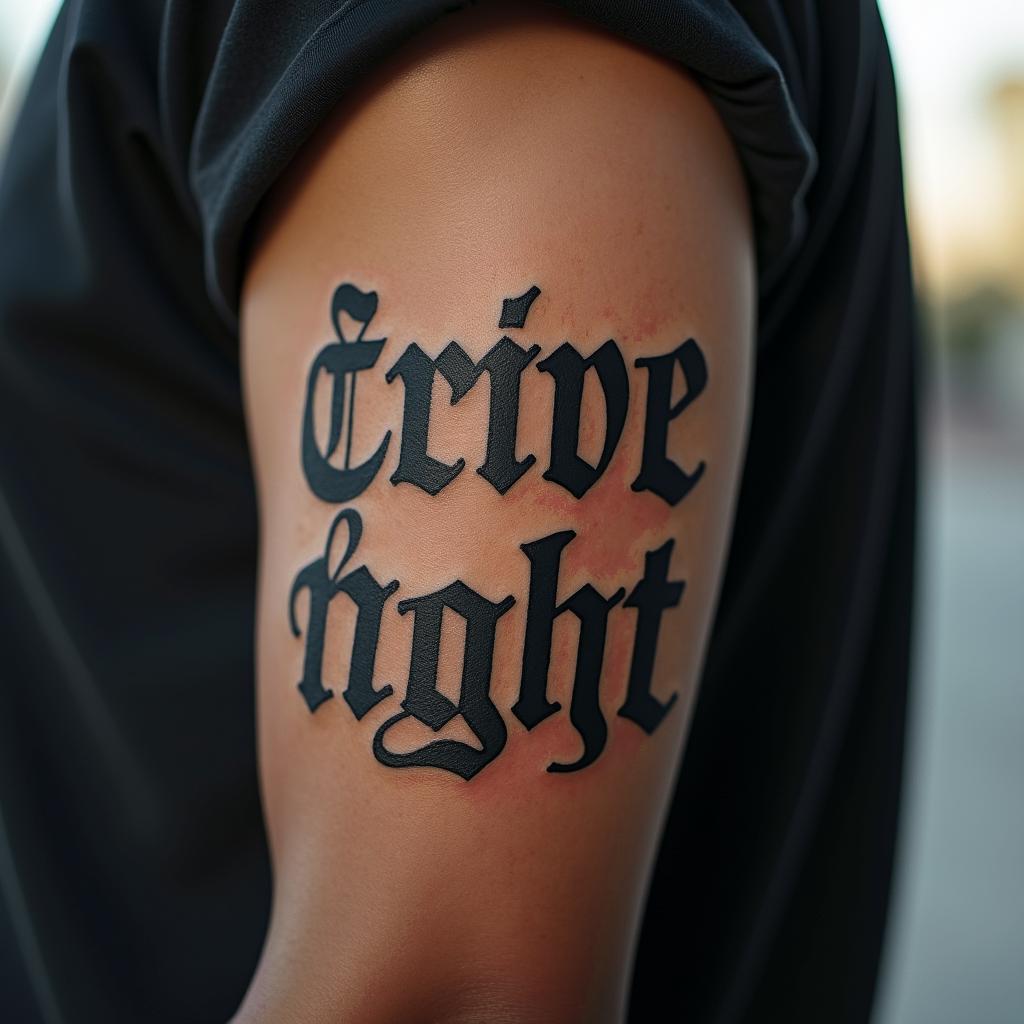 56 year old African American male raised in Compton , one son, army veterantext-based tattoo, gothic font ultra-realistic, perfectly placed, high-quality font design, photo-realistic shading, 8k, high quality, finely detailed typography - Variation 4