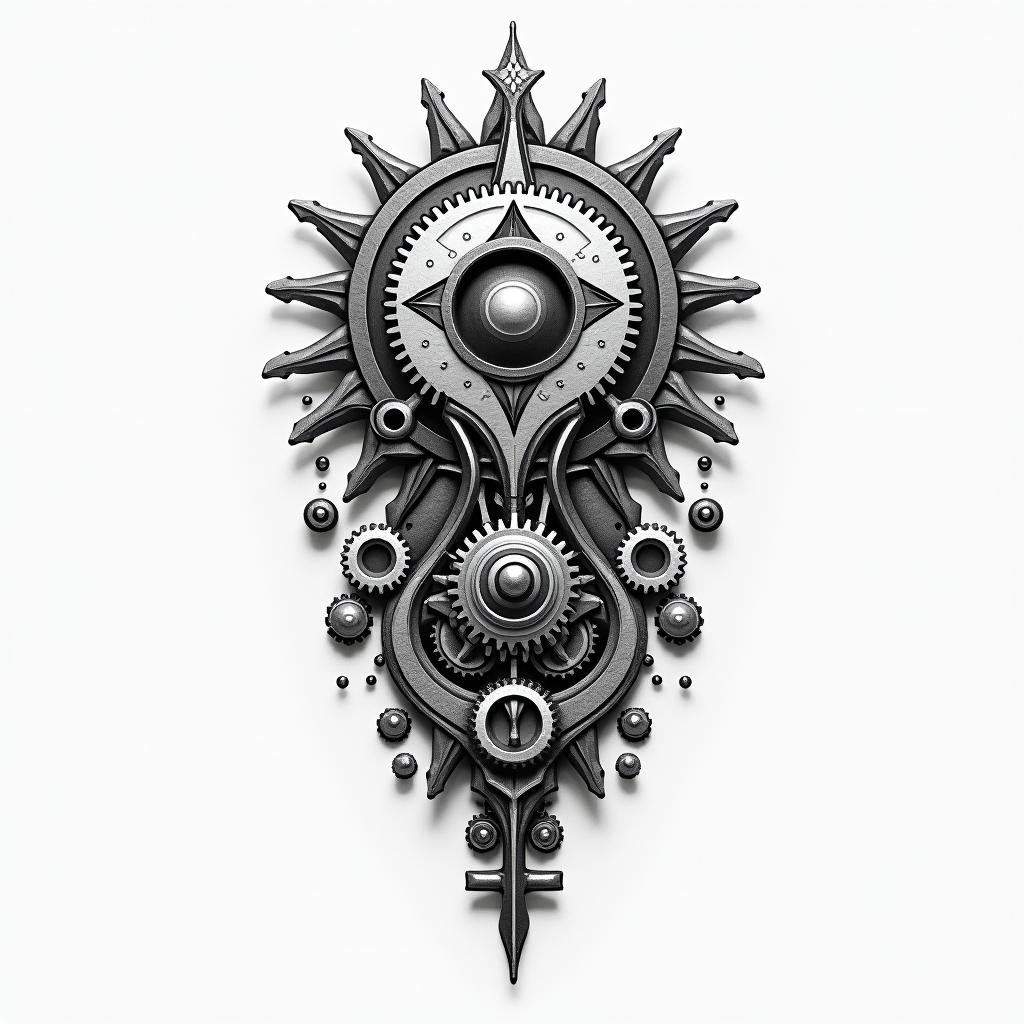 Mechanical gears fused with human anatomyin spiritual symbols tattoo style, featuring an intricate design incorporating elements, Hamsa hand, third eye, minimalist composition - Variation 12