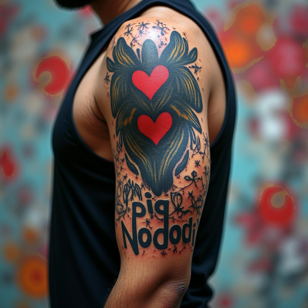 56 year old African American male raised in Compton , one son, army veteranin graffiti style tattoo, featuring bold and dynamic street art elements, spray-paint texture with exaggerated lines and expressive, chaotic brushstrokes, intricate lettering incorporated with graffiti tags, symbols like hearts, stars, and wings - Variation 5