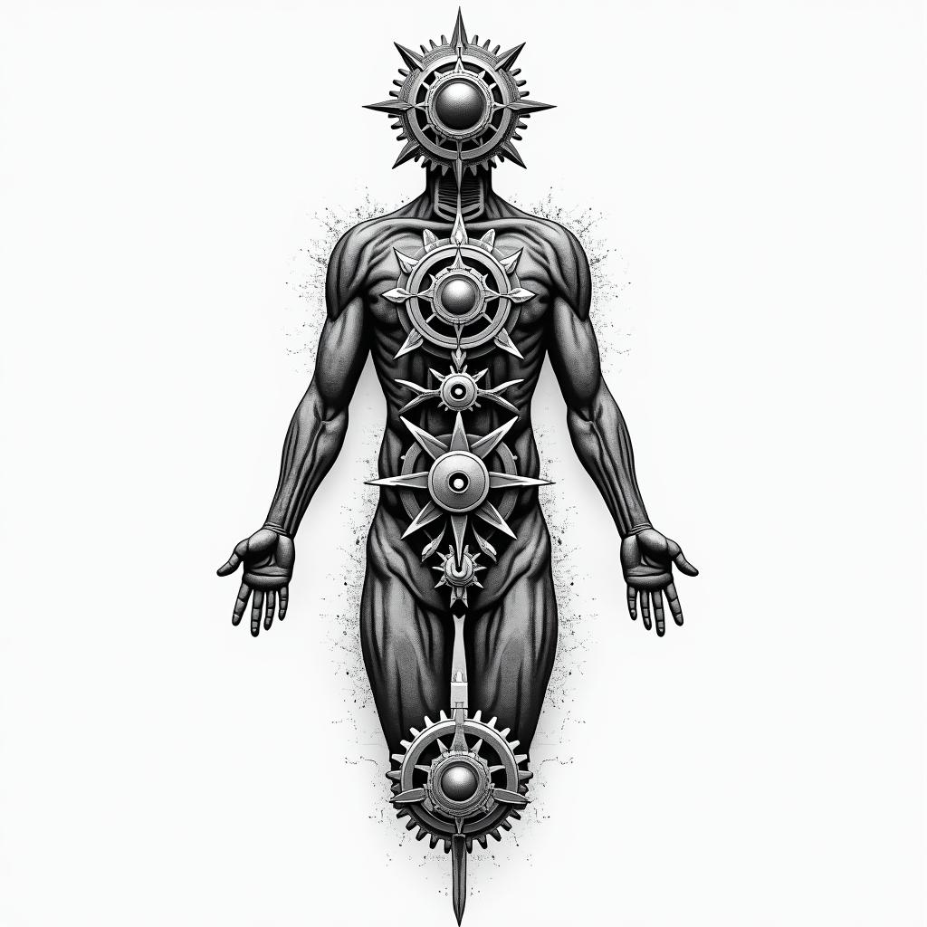 Mechanical gears fused with human anatomyin spiritual symbols tattoo style, featuring an intricate design incorporating elements, Hamsa hand, third eye, minimalist composition - Variation 6