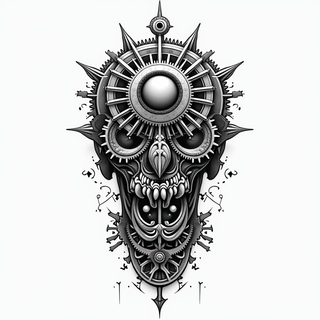 Mechanical gears fused with human anatomyin spiritual symbols tattoo style, featuring an intricate design incorporating elements, Hamsa hand, third eye, minimalist composition - Variation 7