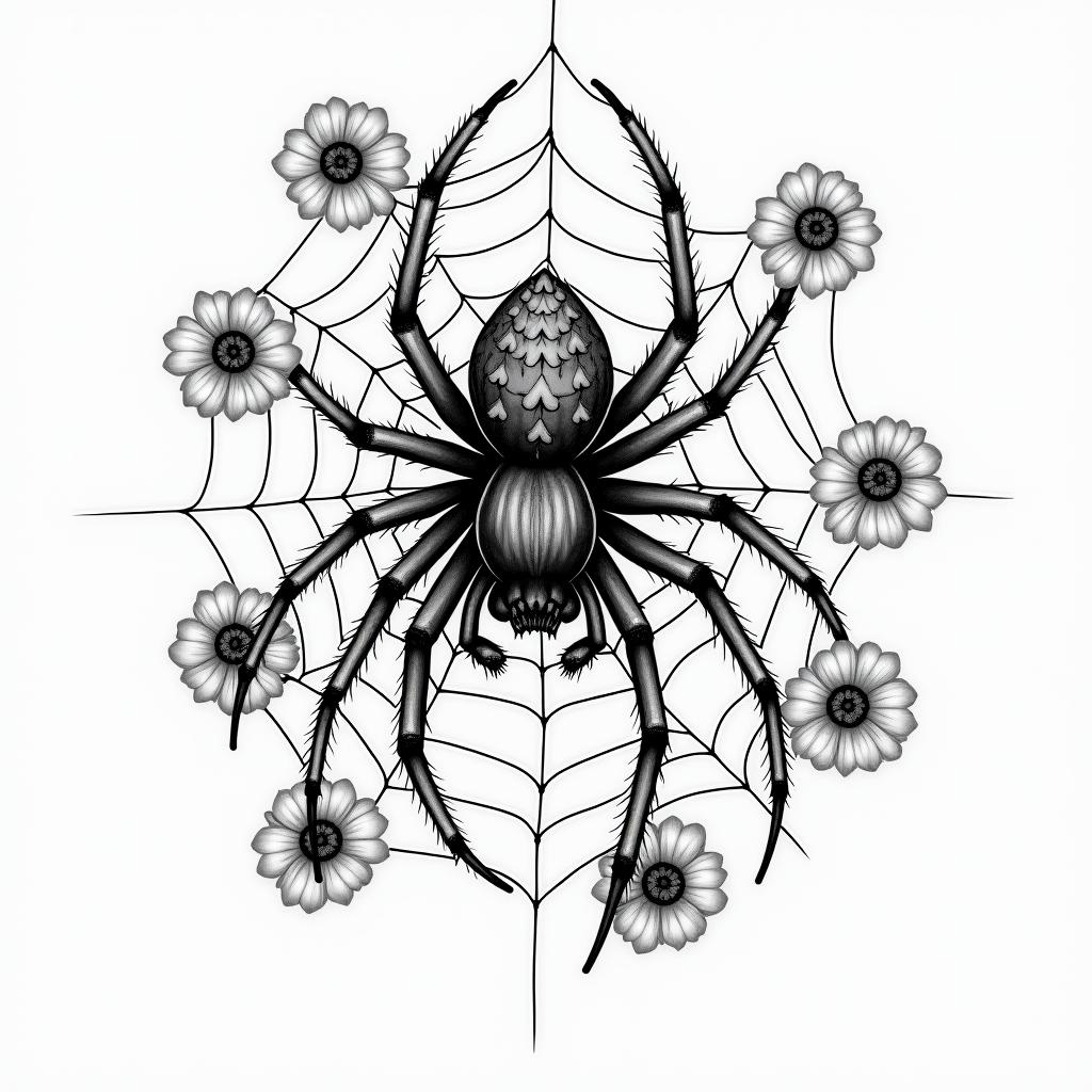 Small spider on web with lots of flowersin japanese style tattoo, detailed tattoo, traditional japanese culture tattoo, mythology, 8k - Variation 32