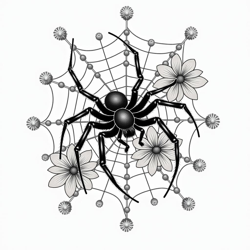 Small spider on web with lots of flowersin japanese style tattoo, detailed tattoo, traditional japanese culture tattoo, mythology, 8k - Variation 31