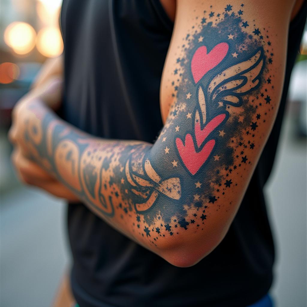 56 year old African American male raised in Compton , one son, army veteranin graffiti style tattoo, featuring bold and dynamic street art elements, spray-paint texture with exaggerated lines and expressive, chaotic brushstrokes, intricate lettering incorporated with graffiti tags, symbols like hearts, stars, and wings