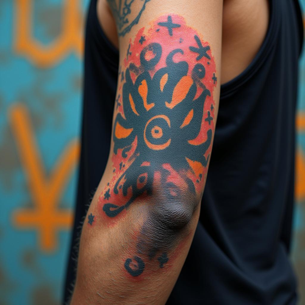 56 year old African American male raised in Compton , one son, army veteranin graffiti style tattoo, featuring bold and dynamic street art elements, spray-paint texture with exaggerated lines and expressive, chaotic brushstrokes, intricate lettering incorporated with graffiti tags, symbols like hearts, stars, and wings - Variation 2