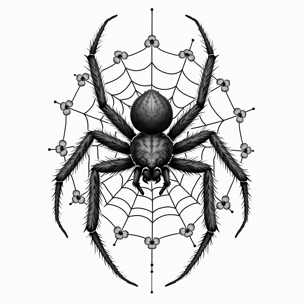 Small spider on web with lots of flowersin japanese style tattoo, detailed tattoo, traditional japanese culture tattoo, mythology, 8k - Variation 25