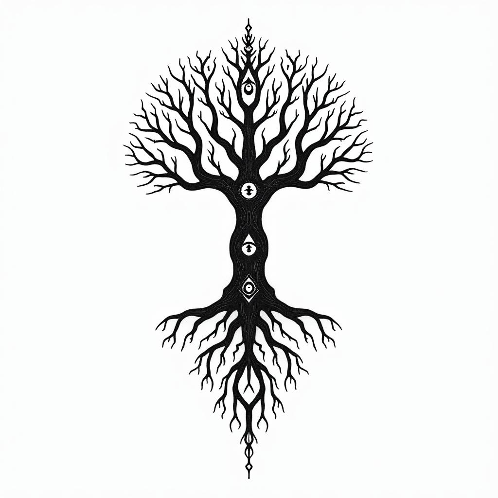 Tree of life with roots and branchesin spiritual symbols tattoo style, featuring an intricate design incorporating elements, Hamsa hand, third eye, minimalist composition - Variation 8