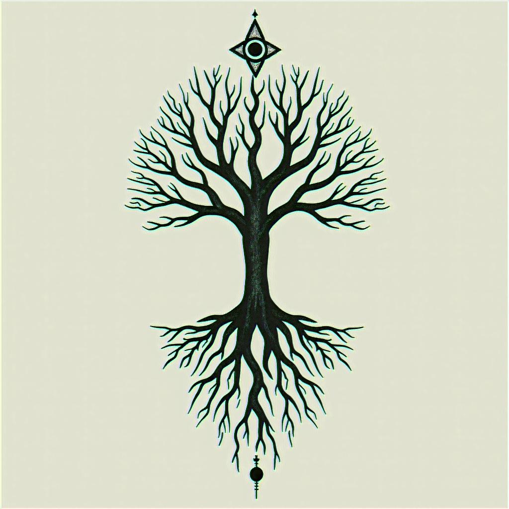 Tree of life with roots and branchesin spiritual symbols tattoo style, featuring an intricate design incorporating elements, Hamsa hand, third eye, minimalist composition - Variation 7