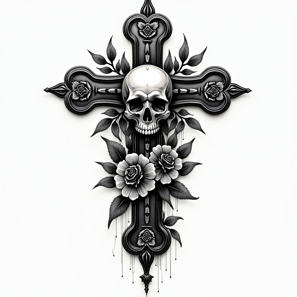 007 Quantum of solacein chicano style tattoo, featuring intricate black and grey shading, bold elements of traditional chicano culture symbols, add a big cross with skull, chains and roses