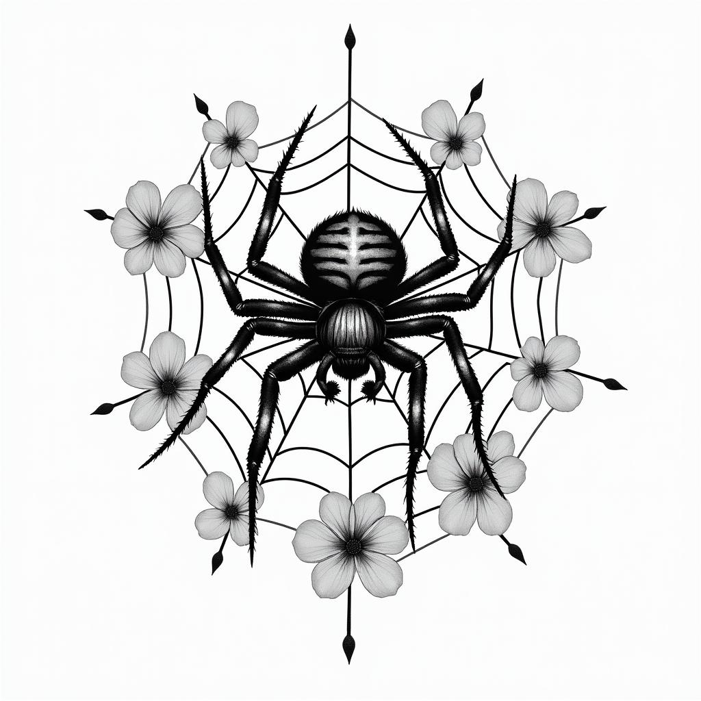 Small spider on web with lots of flowersin japanese style tattoo, detailed tattoo, traditional japanese culture tattoo, mythology, 8k - Variation 24