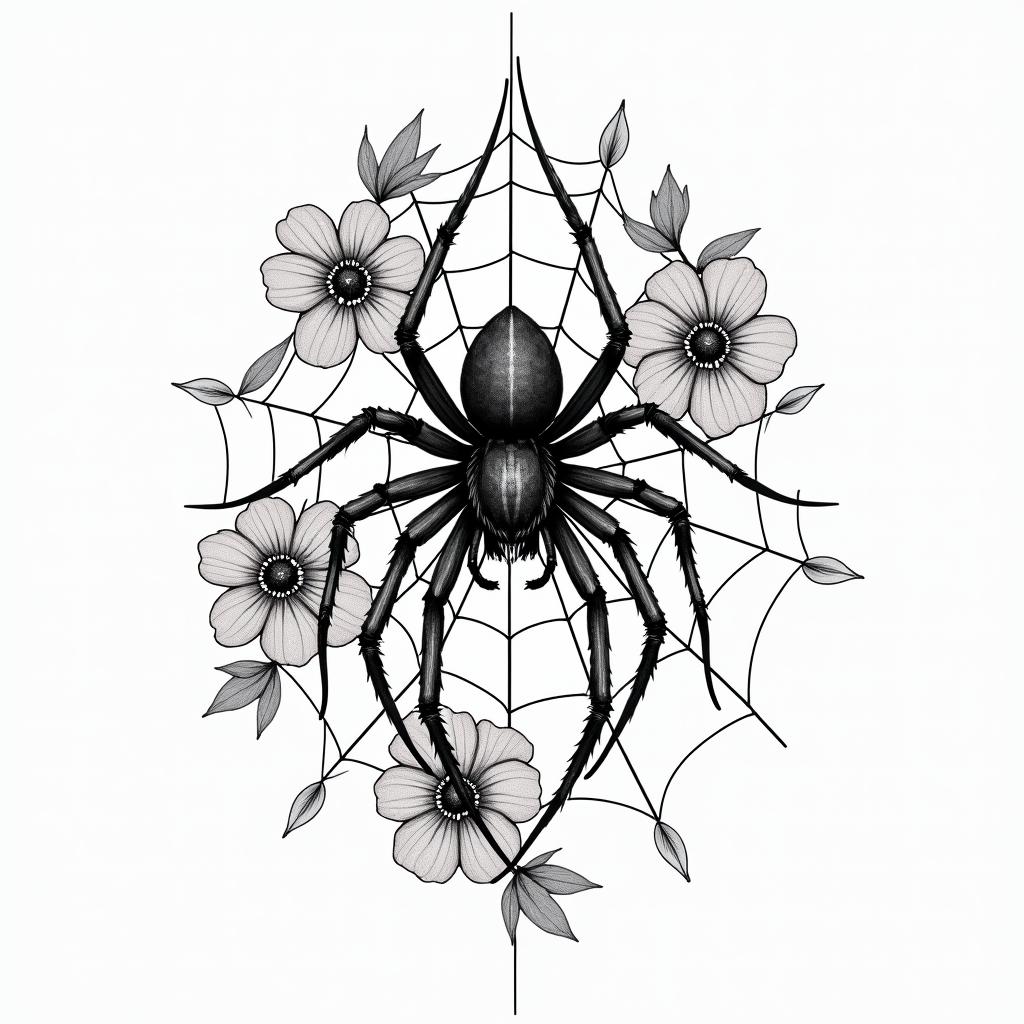 Small spider on web with lots of flowersin japanese style tattoo, detailed tattoo, traditional japanese culture tattoo, mythology, 8k - Variation 22