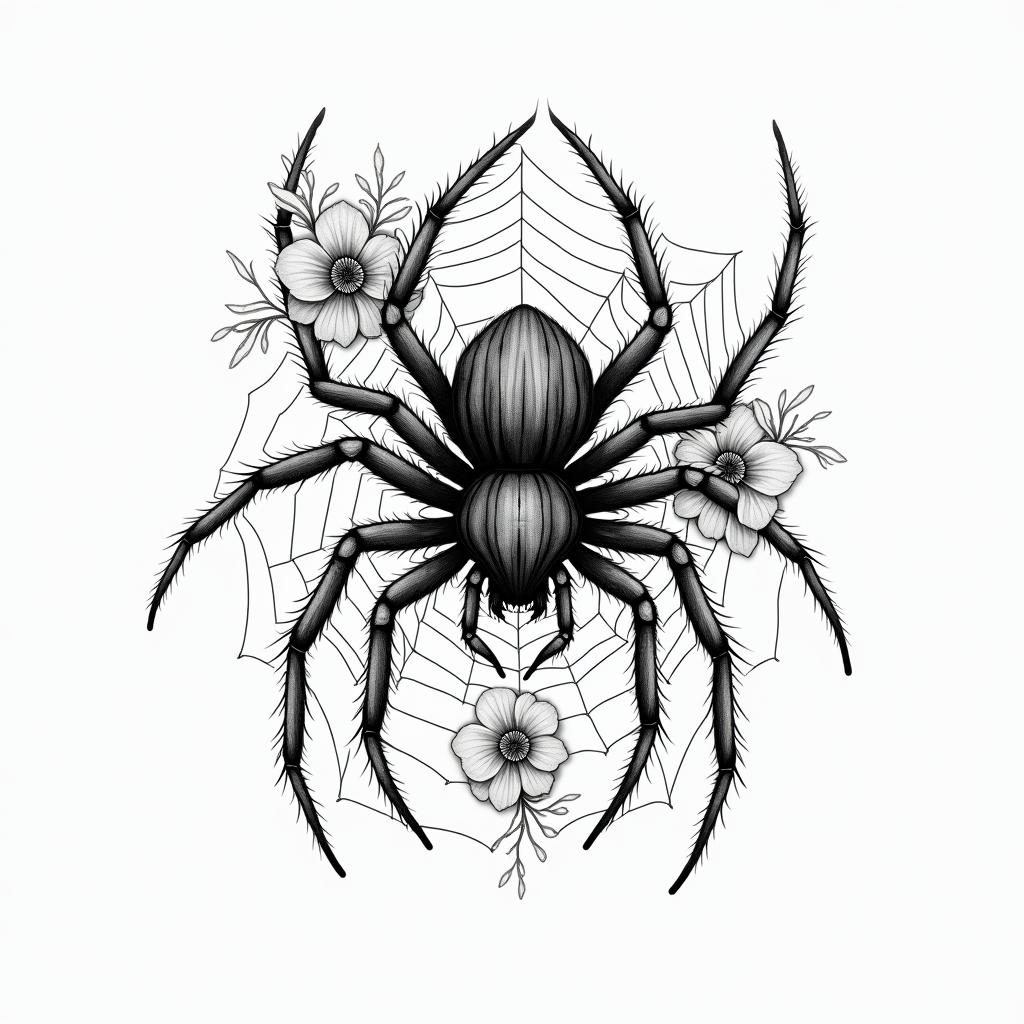 Small spider on web with lots of flowersin japanese style tattoo, detailed tattoo, traditional japanese culture tattoo, mythology, 8k - Variation 21