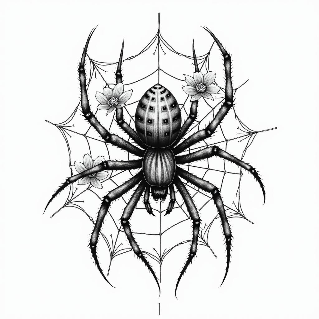 Small spider on web with lots of flowersin japanese style tattoo, detailed tattoo, traditional japanese culture tattoo, mythology, 8k - Variation 23