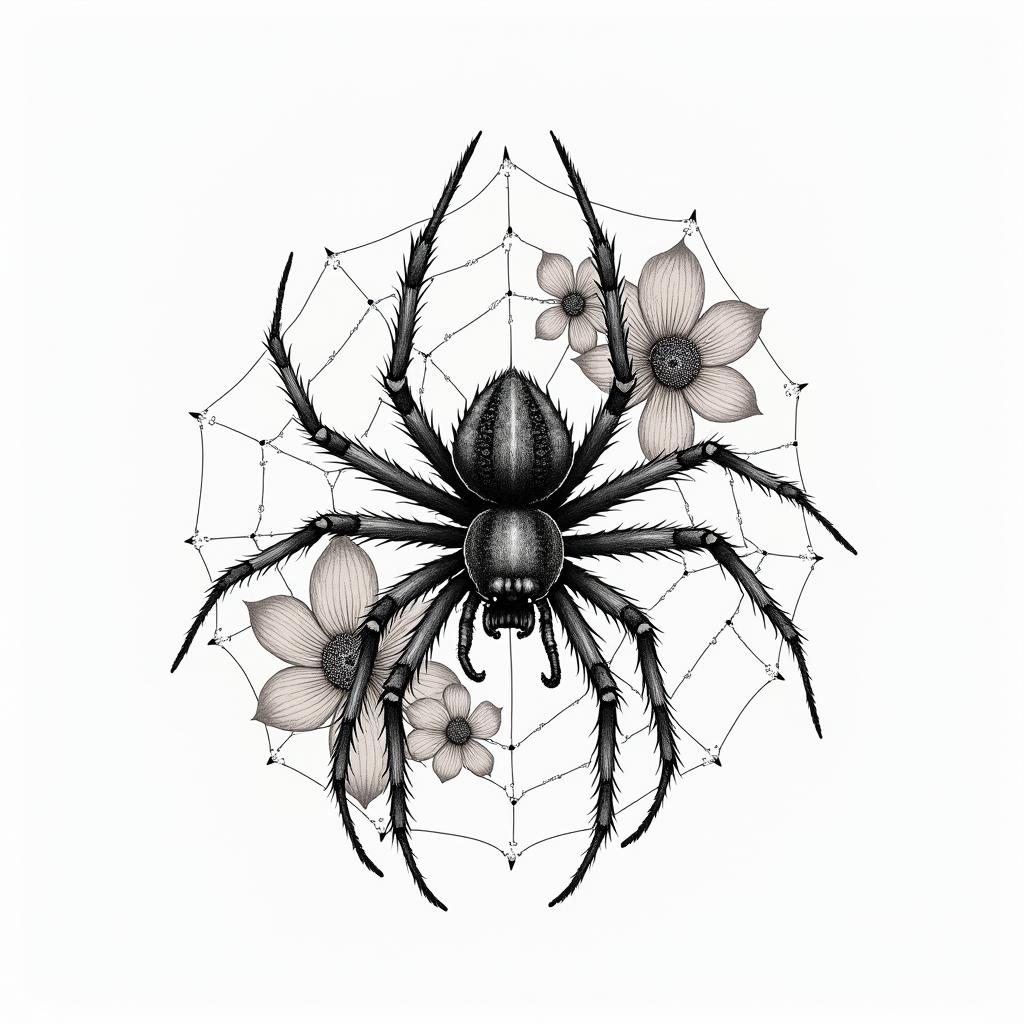 Small spider on web with lots of flowersin japanese style tattoo, detailed tattoo, traditional japanese culture tattoo, mythology, 8k - Variation 17