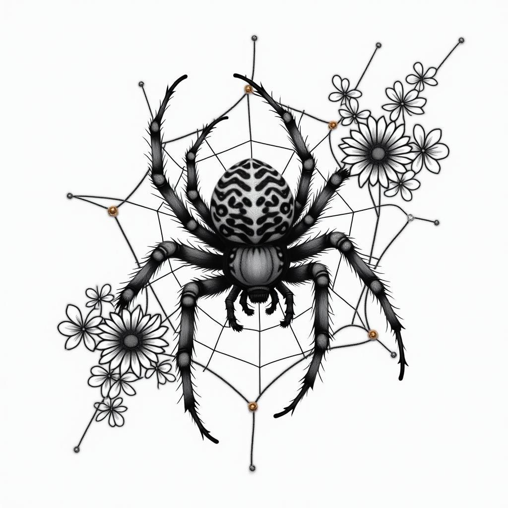 Small spider on web with lots of flowersin japanese style tattoo, detailed tattoo, traditional japanese culture tattoo, mythology, 8k - Variation 18