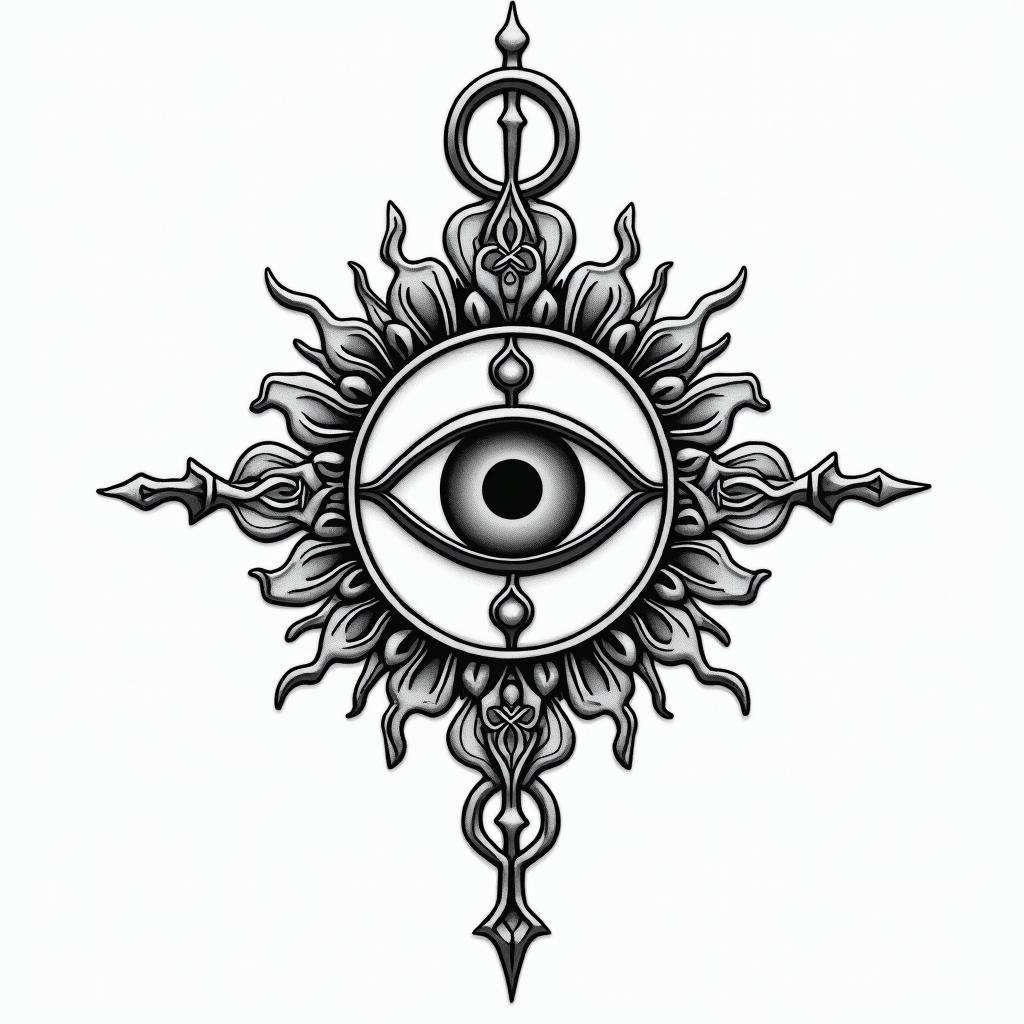 Cancer, anime, Matthew, one piecein spiritual symbols tattoo style, featuring an intricate design incorporating elements, Hamsa hand, third eye, minimalist composition - Variation 4