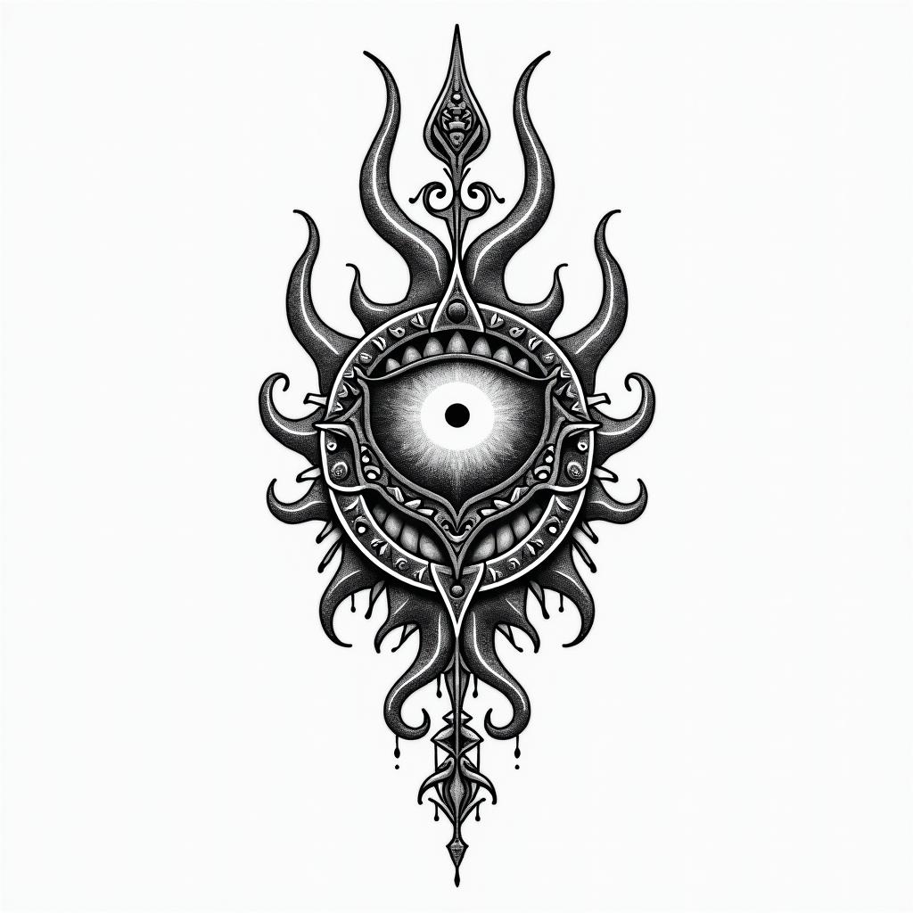 Cancer, anime, Matthew, one piecein spiritual symbols tattoo style, featuring an intricate design incorporating elements, Hamsa hand, third eye, minimalist composition