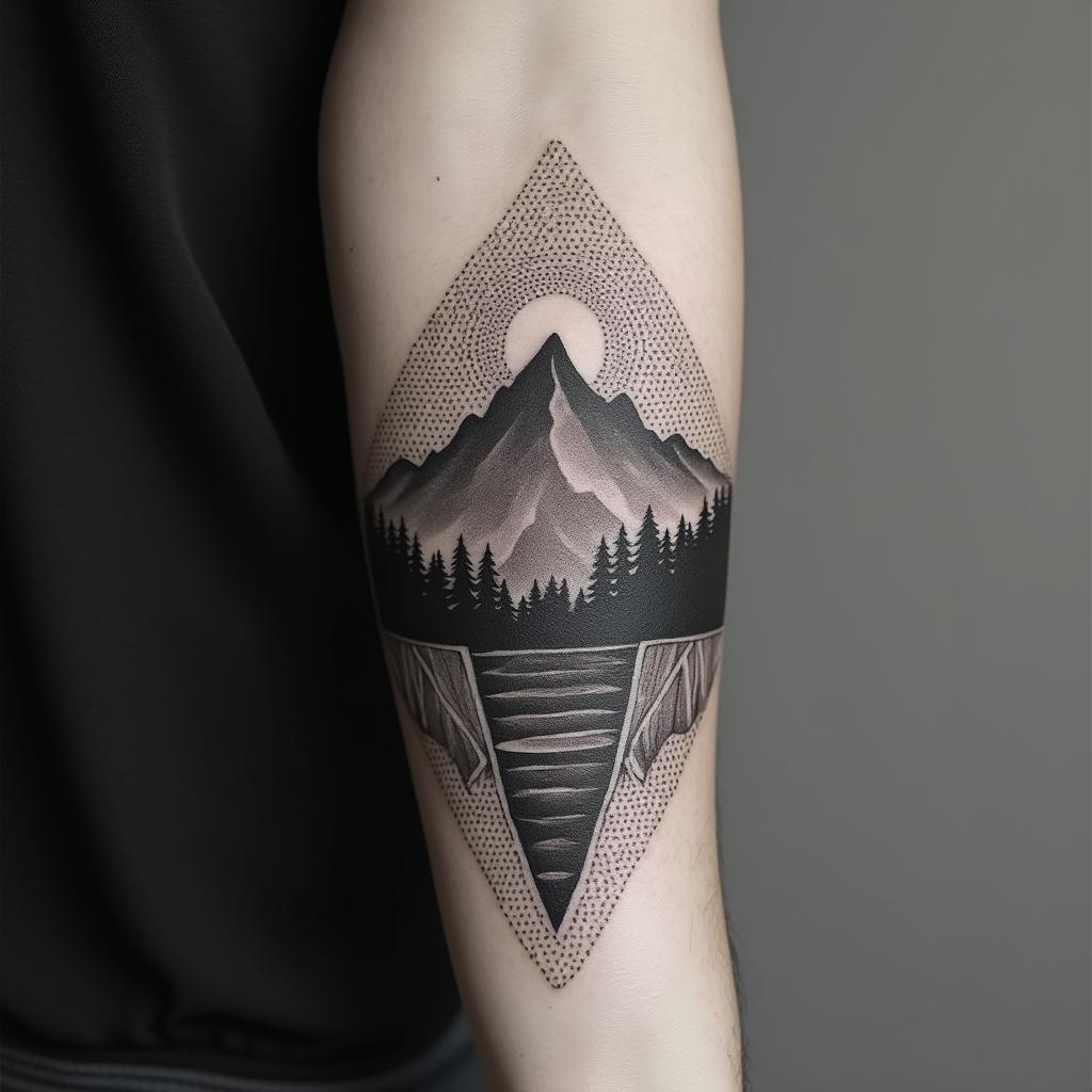 Mountain range with a rising sunin dotwork style tattoo, complex mandala patterns, interlocking geometric shapes with sharp symmetry, clean lines, sharp angles