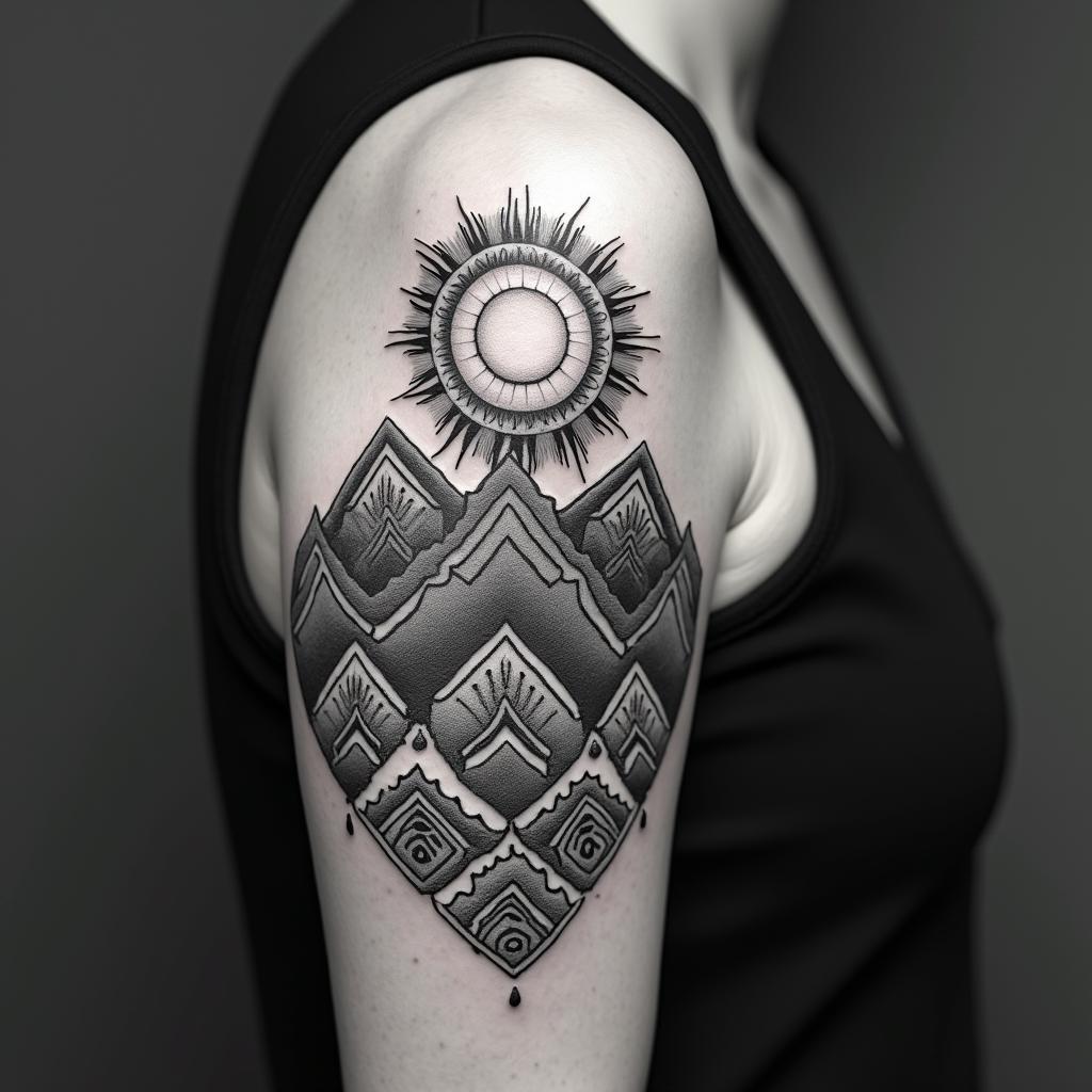 Mountain range with a rising sunin dotwork style tattoo, complex mandala patterns, interlocking geometric shapes with sharp symmetry, clean lines, sharp angles - Variation 3