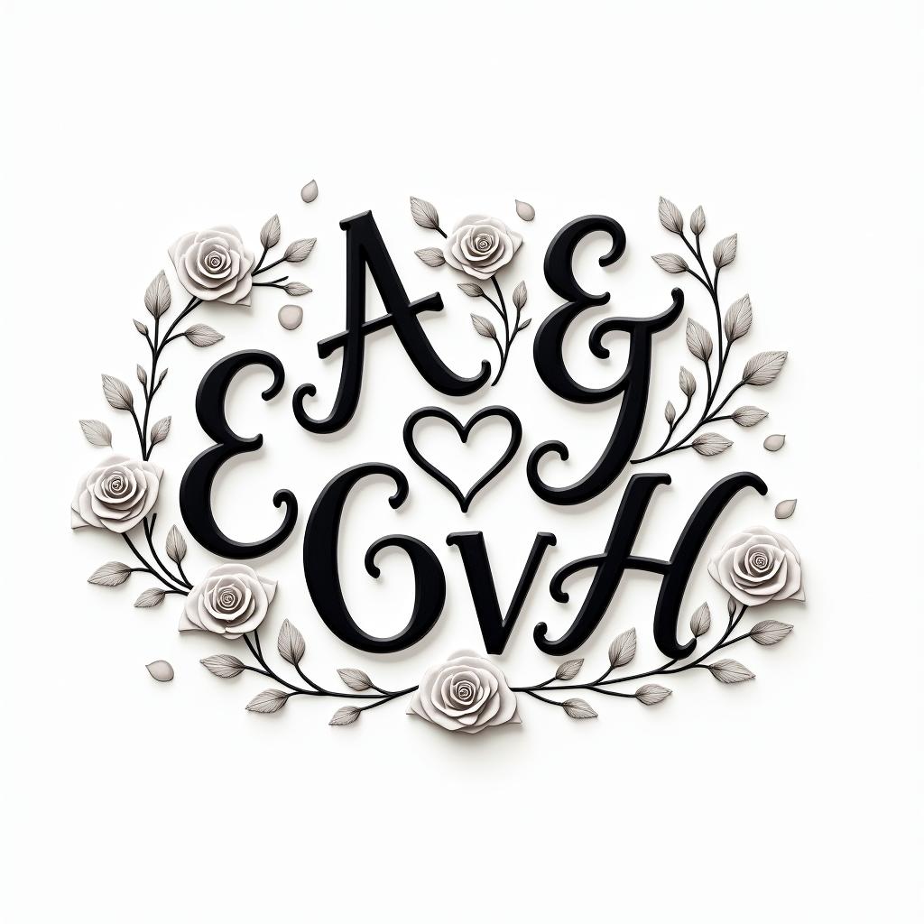 Letters a, e, c, v, h intertwined.in elegant cursive calligraphy style 2d tattoo, decorate with roses, featuring a smooth and flowing handwritten script with slightly thickened strokes for a luxurious and bold appearance, heart symbol between names, sleek and glossy black text with shadowing, minimalist matte white background, clean and sharp edges, illuminated with soft lighting, romantic, 8k, high-quality textures with refined typography - Variation 4