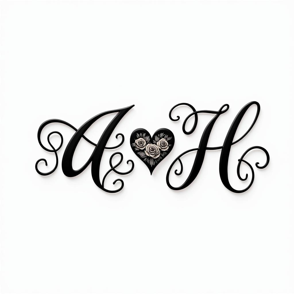 Letters a, e, c, v, h intertwined.in elegant cursive calligraphy style 2d tattoo, decorate with roses, featuring a smooth and flowing handwritten script with slightly thickened strokes for a luxurious and bold appearance, heart symbol between names, sleek and glossy black text with shadowing, minimalist matte white background, clean and sharp edges, illuminated with soft lighting, romantic, 8k, high-quality textures with refined typography - Variation 2