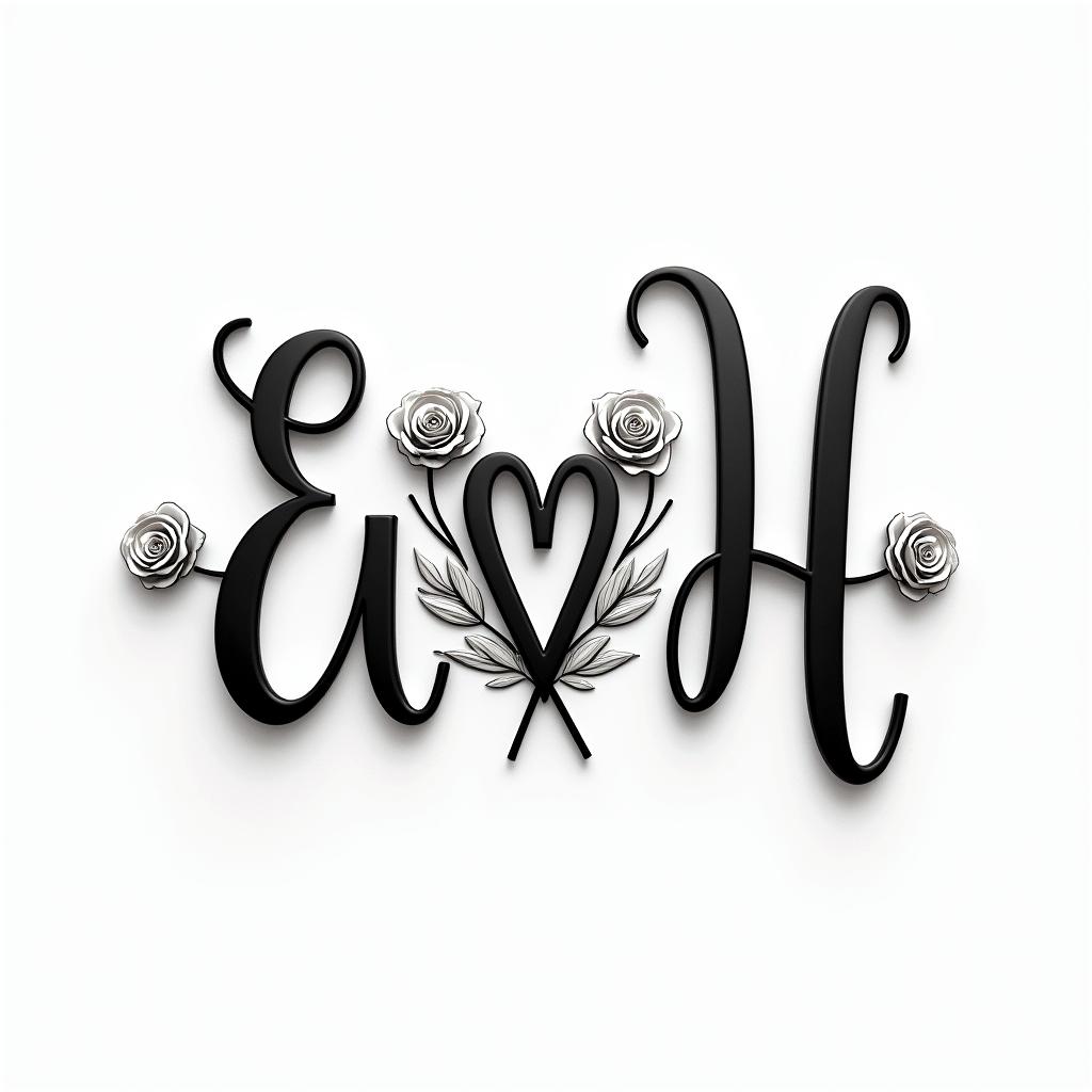 Letters a, e, c, v, h intertwined.in elegant cursive calligraphy style 2d tattoo, decorate with roses, featuring a smooth and flowing handwritten script with slightly thickened strokes for a luxurious and bold appearance, heart symbol between names, sleek and glossy black text with shadowing, minimalist matte white background, clean and sharp edges, illuminated with soft lighting, romantic, 8k, high-quality textures with refined typography - Variation 3