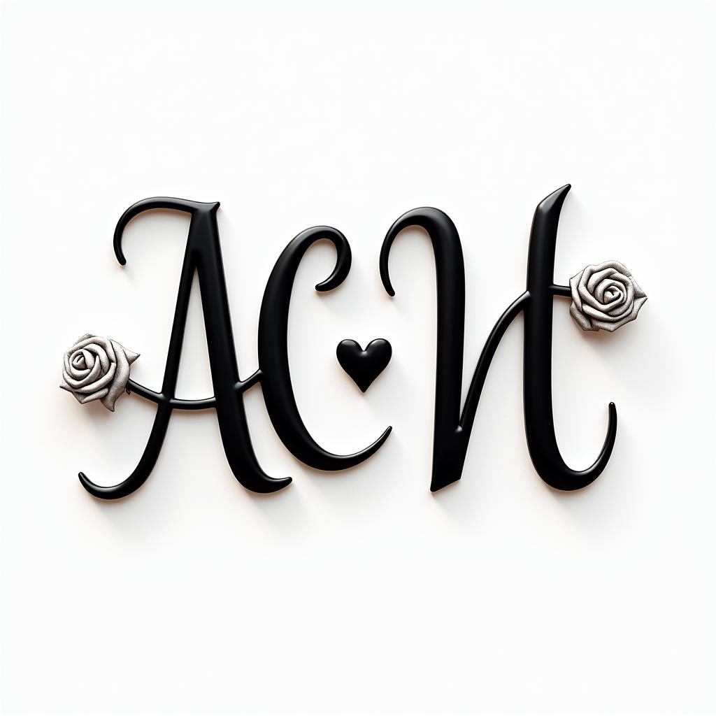 Letters a, e, c, v, h intertwined.in elegant cursive calligraphy style 2d tattoo, decorate with roses, featuring a smooth and flowing handwritten script with slightly thickened strokes for a luxurious and bold appearance, heart symbol between names, sleek and glossy black text with shadowing, minimalist matte white background, clean and sharp edges, illuminated with soft lighting, romantic, 8k, high-quality textures with refined typography