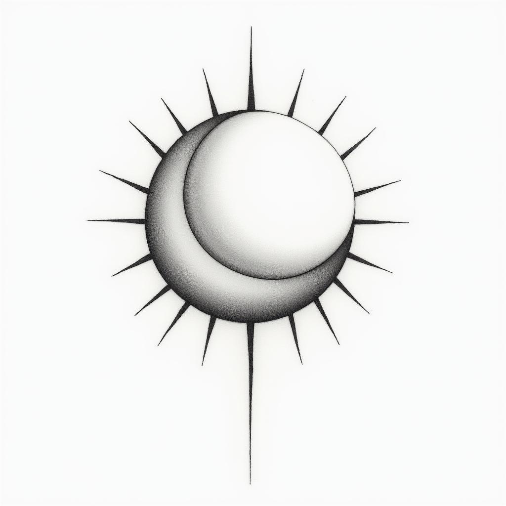 Sun and moonin minimalist style tattoo, featuring simple shapes and fine lines, with minimal shading and details, tiny triangles, creating a sense of balance and harmony - Variation 11