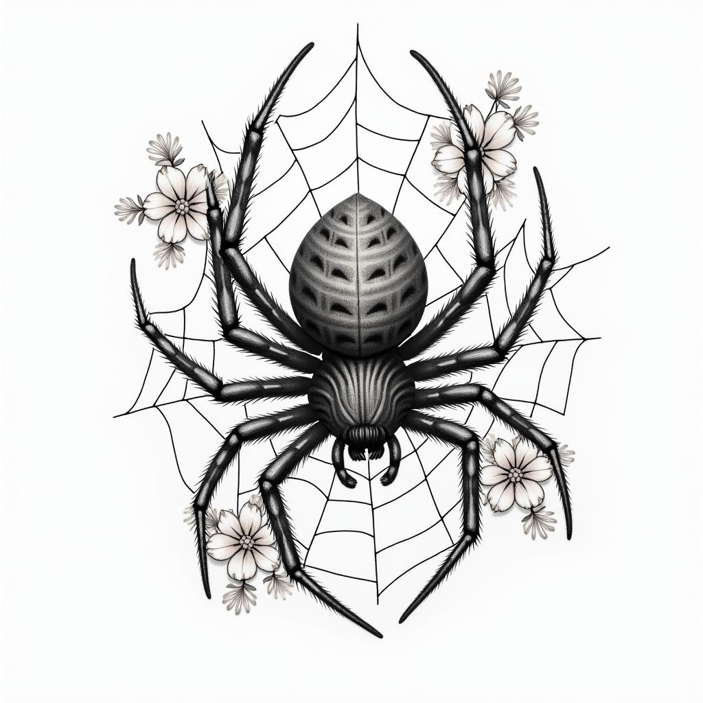Small spider on web with lots of flowersin japanese style tattoo, detailed tattoo, traditional japanese culture tattoo, mythology, 8k - Variation 15