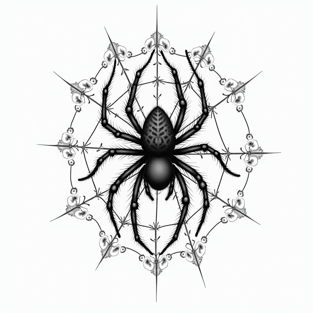 Small spider on web with lots of flowersin japanese style tattoo, detailed tattoo, traditional japanese culture tattoo, mythology, 8k - Variation 19