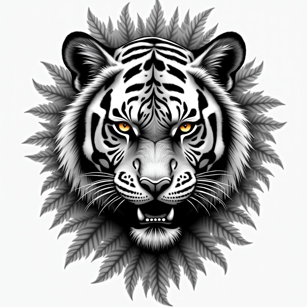 Tiger with intense eyes in a junglehigly detailed tattoo - Variation 17