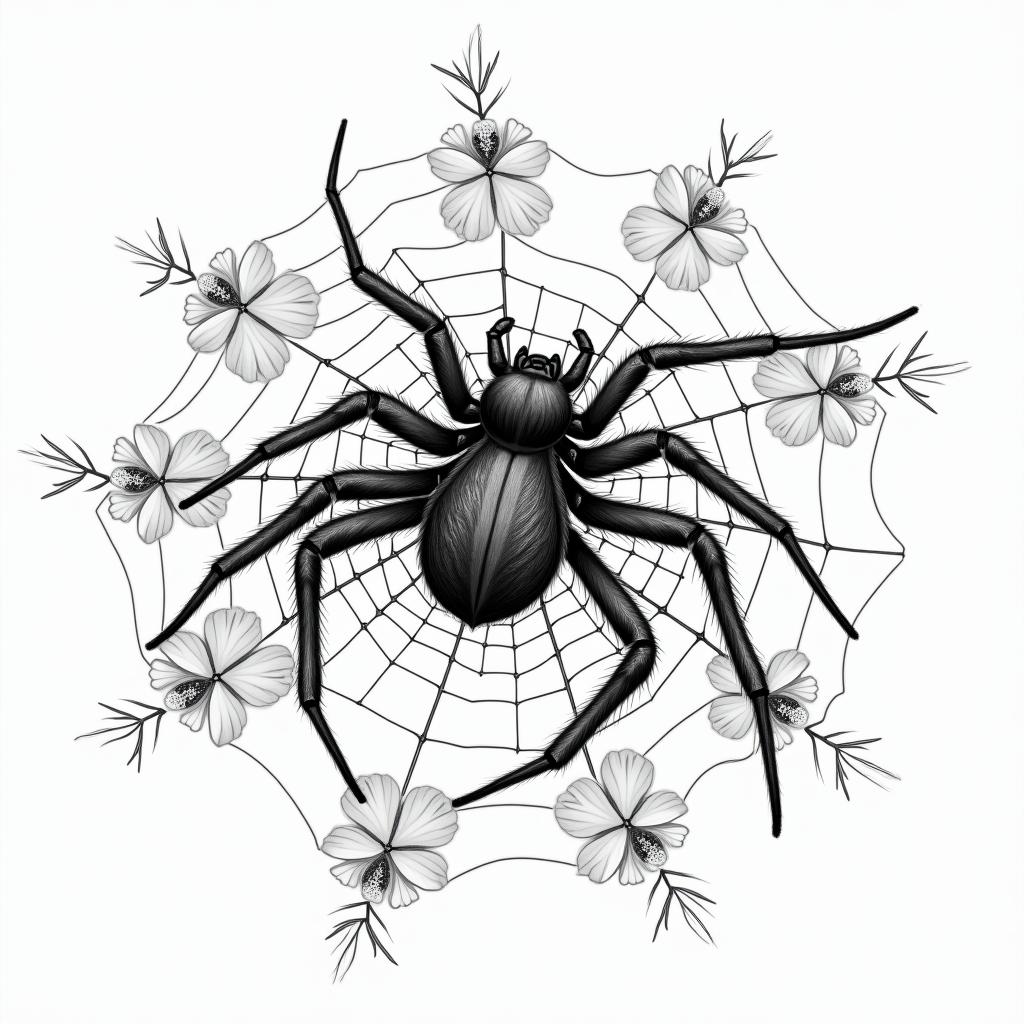 Small spider on web with lots of flowersin japanese style tattoo, detailed tattoo, traditional japanese culture tattoo, mythology, 8k - Variation 7