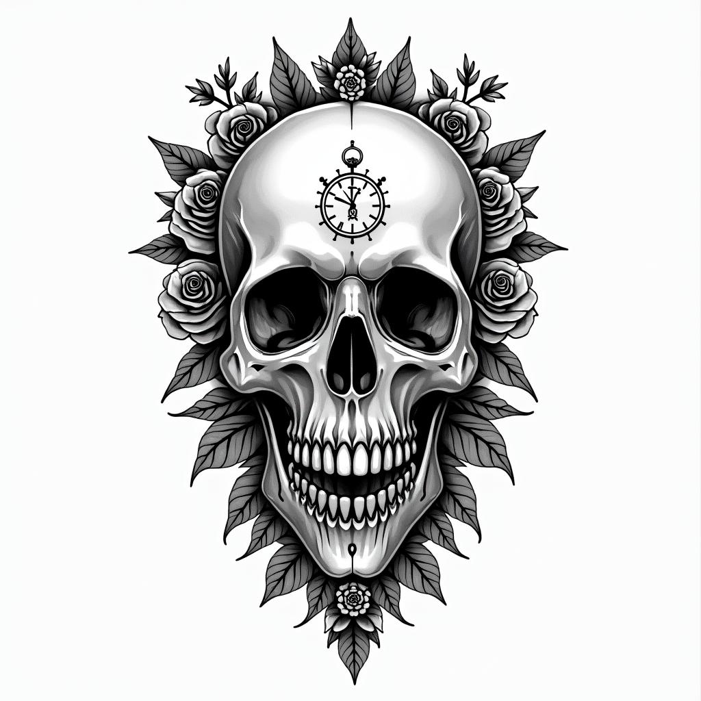 Skull with roses and clock elementstext-based tattoo, gothic font ultra-realistic, perfectly placed, high-quality font design, photo-realistic shading, 8k, high quality, finely detailed typography - Variation 9
