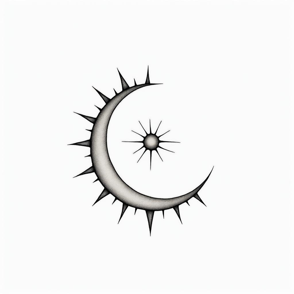 Sun and moonin minimalist style tattoo, featuring simple shapes and fine lines, with minimal shading and details, tiny triangles, creating a sense of balance and harmony - Variation 3