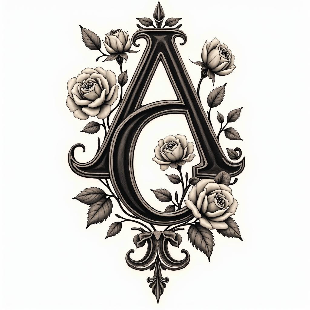 Letters a, e, c, v, h intertwinedin victorian style tattoo, featuring vintage and elegant elements, ornate frames, roses, antique, sepia-toned color scheme - Variation 4