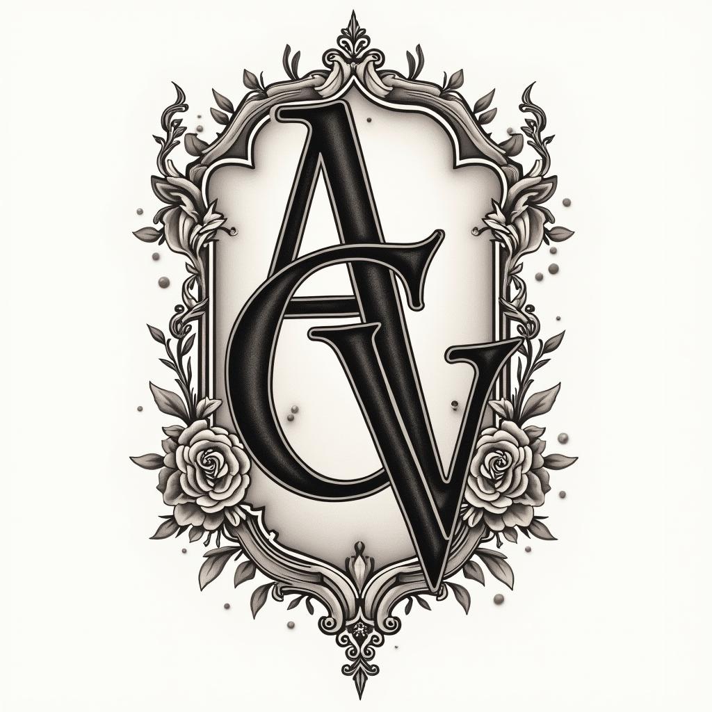 Letters a, e, c, v, h intertwinedin victorian style tattoo, featuring vintage and elegant elements, ornate frames, roses, antique, sepia-toned color scheme - Variation 3