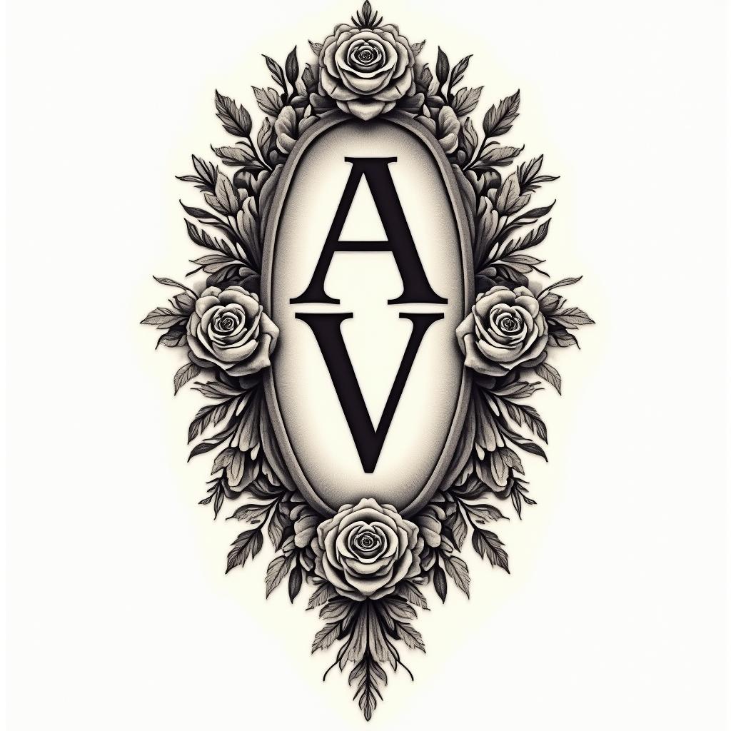 Letters a, e, c, v, h intertwinedin victorian style tattoo, featuring vintage and elegant elements, ornate frames, roses, antique, sepia-toned color scheme