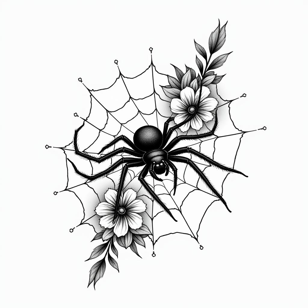 Small spider on web with lots of flowersin japanese style tattoo, detailed tattoo, traditional japanese culture tattoo, mythology, 8k - Variation 2